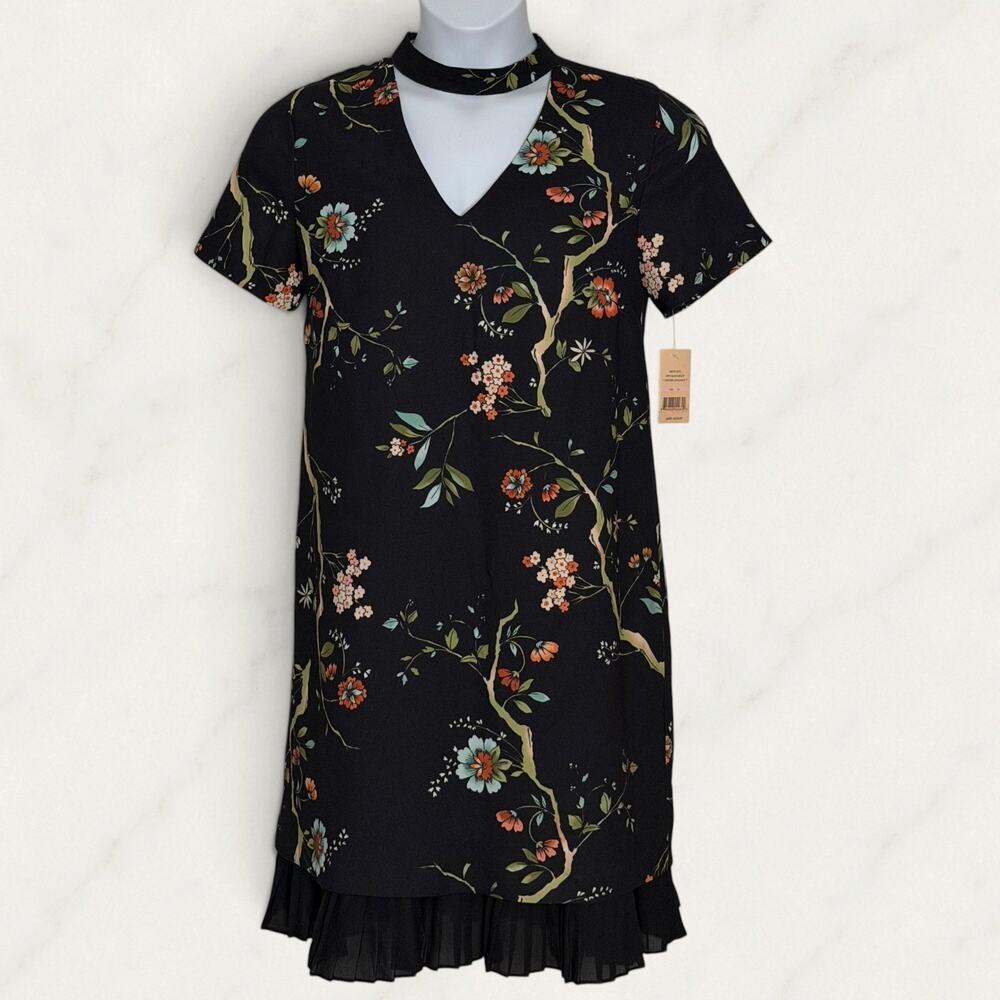 Nanette Lepore Black Floral Dress Choker Neck Ruffle Hem Wedding Guest Sz 10 NWT
